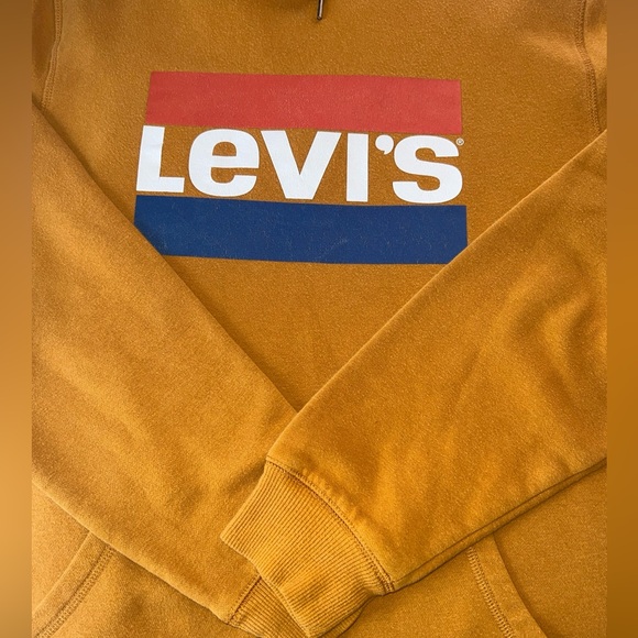 Levi’s Retro Vintage Big Letters Mustard Yellow Hoodie LG EUC Kangaroo Pkts EC - Picture 3 of 6